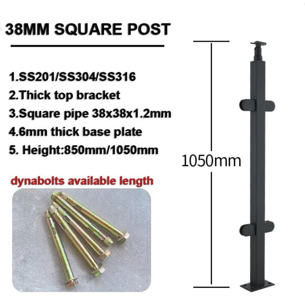 Stainless steel handrail tube polish black glass balcony square pipe baluster post