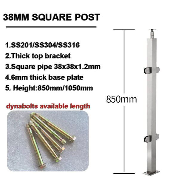 Stainless steel handrail tube polish black glass balcony square pipe baluster post